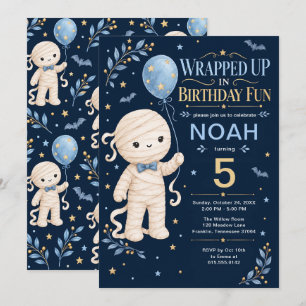 Cute Mummy Boy 5th Birthday Blue Gold Invitation