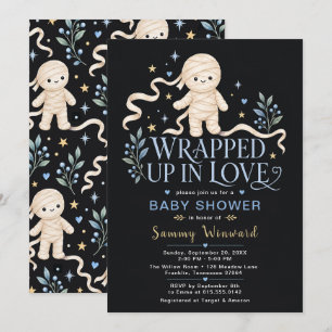 Cute Mummy Boy Baby Shower Blue Gold Invitation