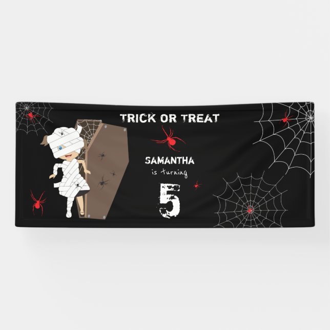 Cute Mummy Coffin Girl Halloween Birthday Party Banner (Horizontal)