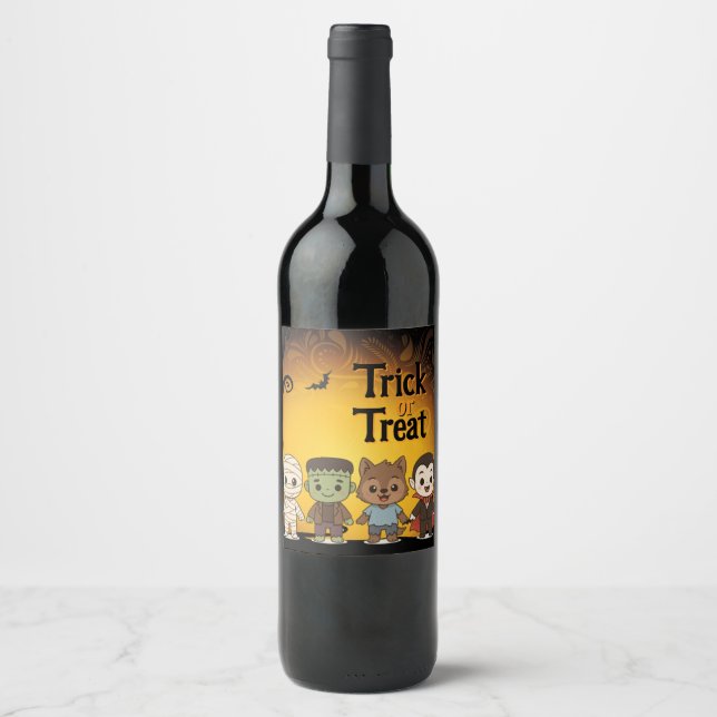 Cute mummy, Frankenstein, Dracula, werewolf    Wine Label (Front)