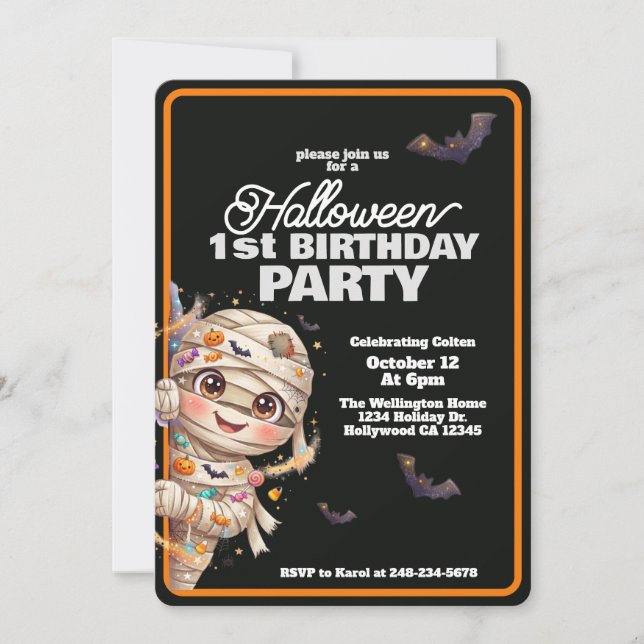 Cute Mummy Halloween First Birthday Party Invitation (Front)