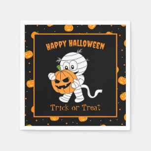 Cute Mummy Walking With Halloween Pumpkin Party Napkin