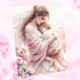 Cute Mum's Hug Pink Roses Mother's Day Watercolor Holiday Card