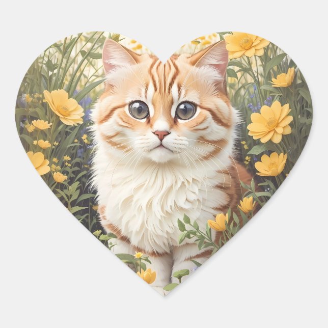 Cute Munchkin Cat And Buttercup Flowers Heart Sticker (Front)