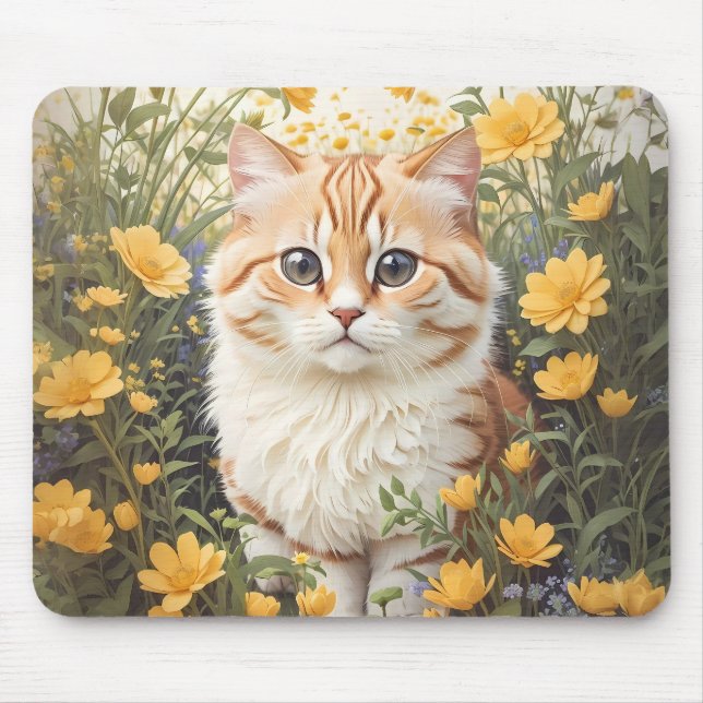 Cute Munchkin Cat And Buttercup Flowers Mouse Mat (Front)