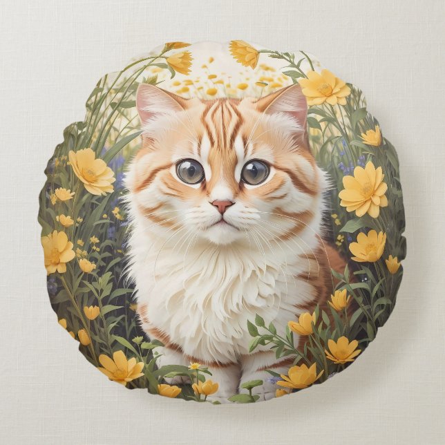 Cute Munchkin Cat And Buttercup Flowers Round Cushion (Front)
