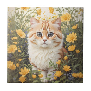 Cute Munchkin Cat And Buttercup Flowers Tile