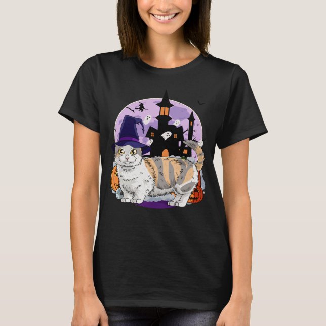 Cute Munchkin Cat Halloween Witch Pumpkin T-Shirt (Front)