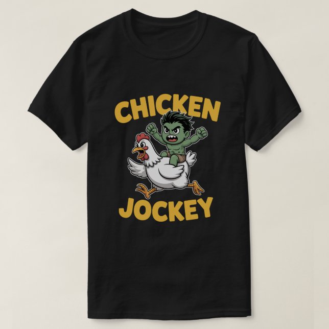 Cute Muscular Green Kid Riding Chicken – Chicken J T-Shirt (Design Front)