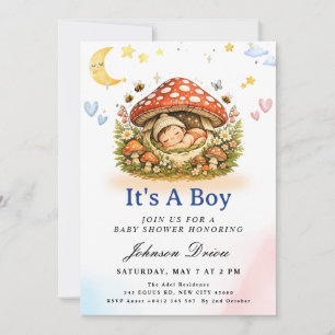 Cute Mushroom Baby Boy Shower Invitation