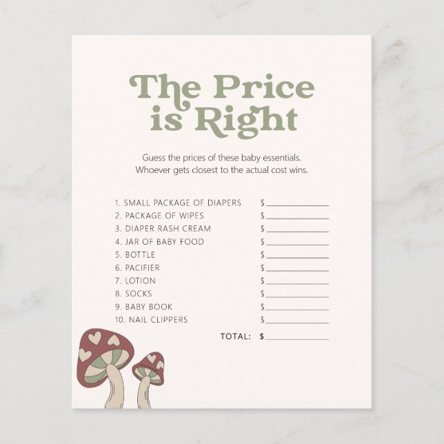 Cute Mushroom Baby Shower - Game - Guess The Price (Front)