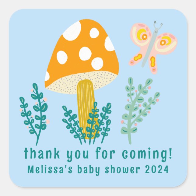 Cute Mushroom Butterfly Thanks CUSTOM Baby Shower Square Sticker (Front)