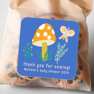Cute Mushroom Butterfly Thanks CUSTOM Baby Shower Square Sticker