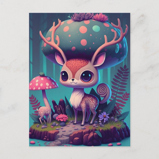 Cute Mushroom Deer Fantasy Art Postcard (Front)
