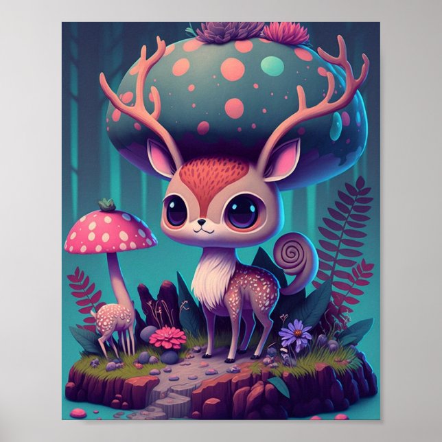 Cute Mushroom Deer Fantasy Art Poster (Front)