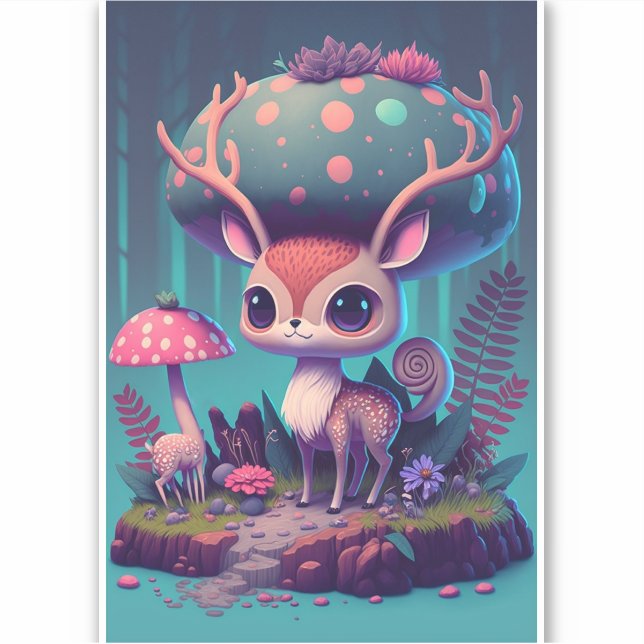 Cute Mushroom Deer Fantasy Art Sticker (Front)