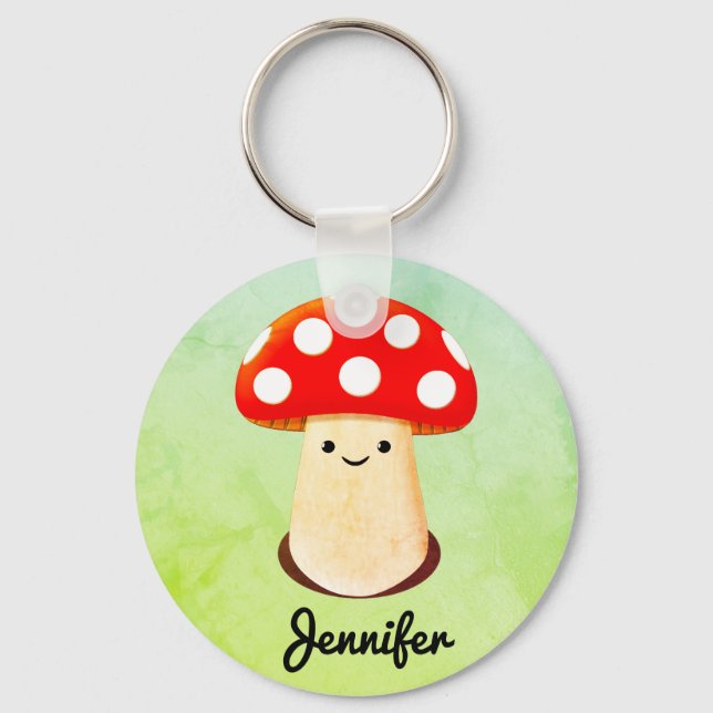 Cute Mushroom Drawing Custom Name Key Ring (Front)