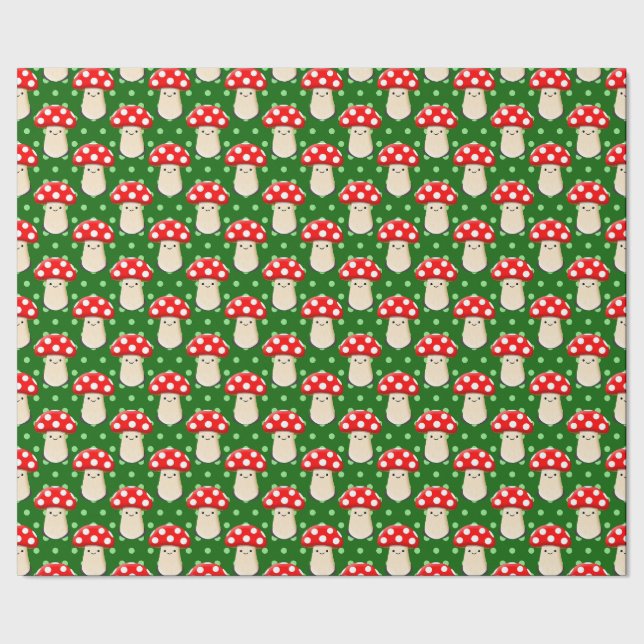 Cute Mushroom Drawing Green Polka Dot Pattern Wrapping Paper (Seam)
