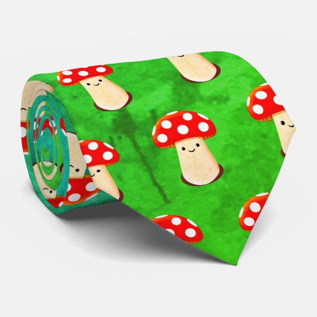 Cute Mushroom Drawing Pattern Blue And Green Tie (Rolled)
