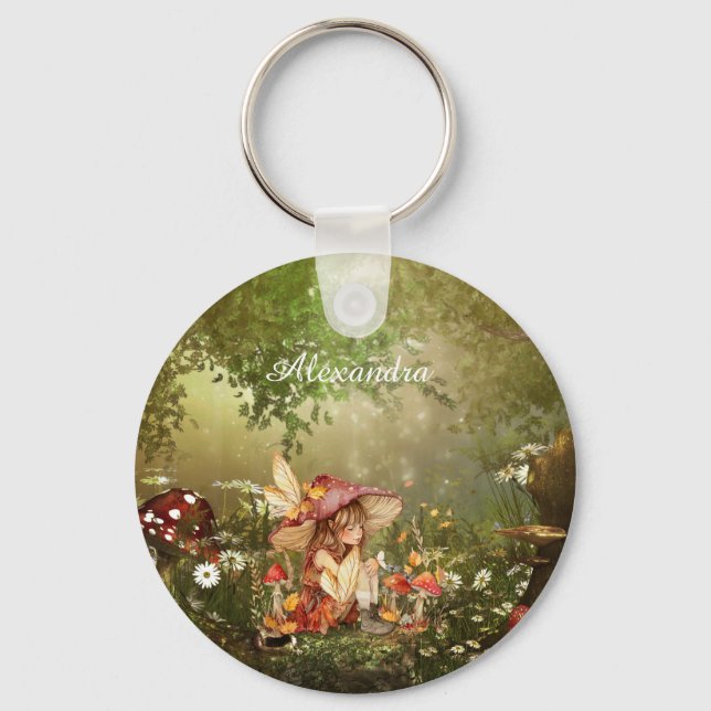 Cute Mushroom Fairy in the Forest Key Ring (Front)