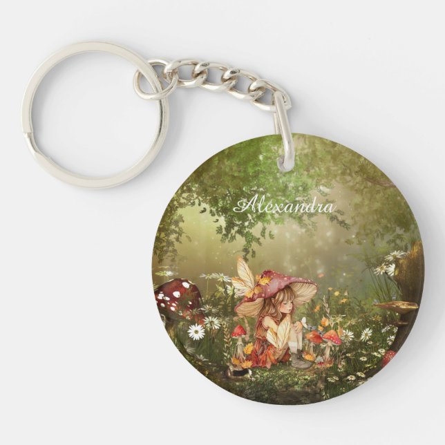 Cute Mushroom Fairy in the Forest Key Ring (Front)