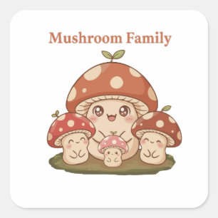 Cute Mushroom Family Retro Kawaii Forest Fungi Art Square Sticker