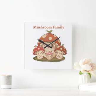 Cute Mushroom Family Retro Kawaii Forest Fungi Art Square Wall Clock