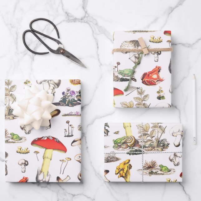 Cute Mushroom Frog Snail Forest Pattern Wrapping Paper Sheet (Front)