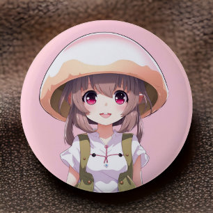 Cute Mushroom Girl Anime Button - Fun Kawaii Art