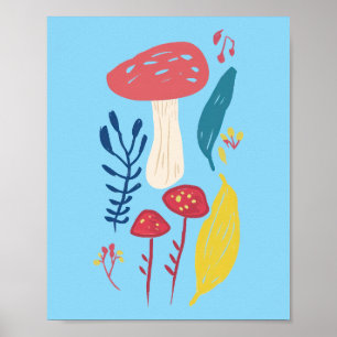 Cute mushroom illustration (BLUE BKGRD) 8 x 10 Poster