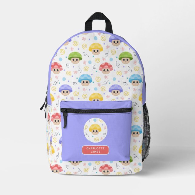 Cute Mushroom Kids Cartoon Personalised Name Printed Backpack (Front)