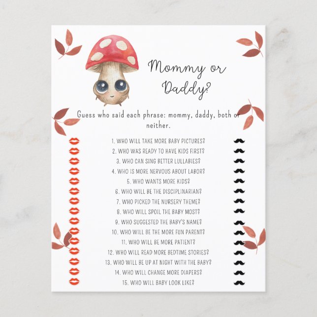 Cute mushroom - mummy or daddy baby shower game (Front)