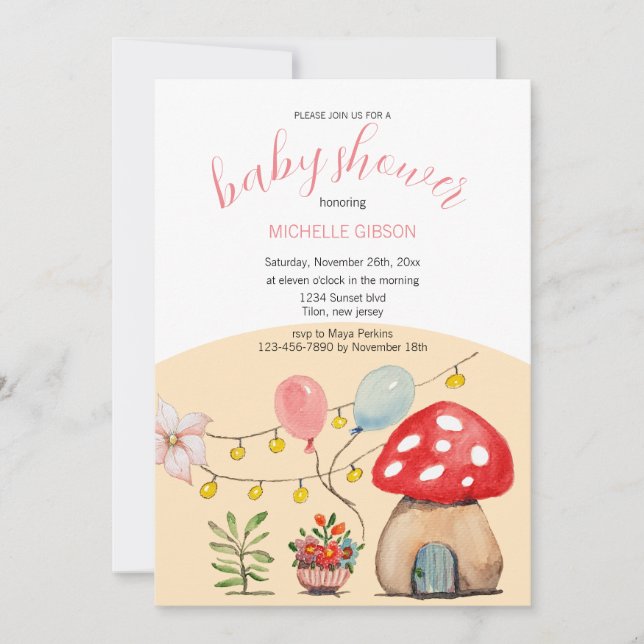 Cute Mushroom Party Watercolor Illustration Invitation (Front)