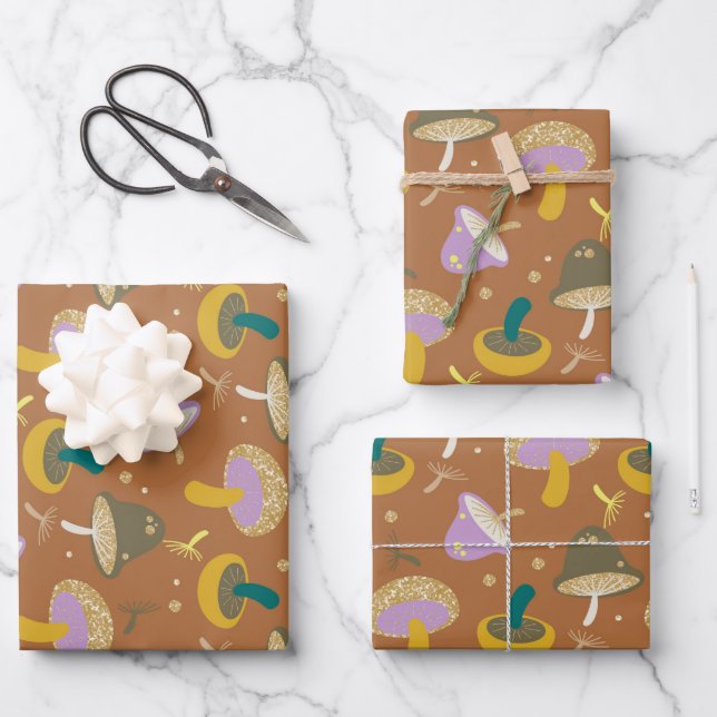 Cute Mushroom Pattern Autumn Gold Glitter Wrapping Paper Sheet (Front)