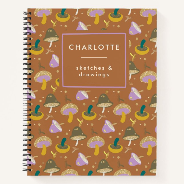 Cute Mushroom Pattern Autumn Gold Personalised Notebook (Front)