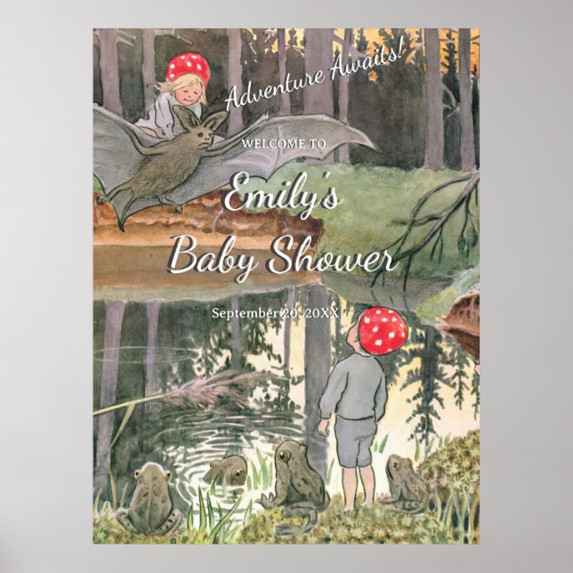 Cute Mushroom Woodland Frog Baby Shower Welcome Poster (Front)