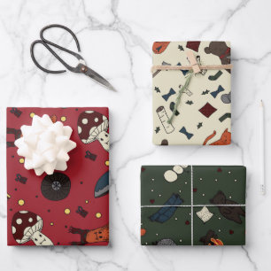 Cute Mushrooms and Bear, Hedgehog, Mouse Winter Wrapping Paper Sheet