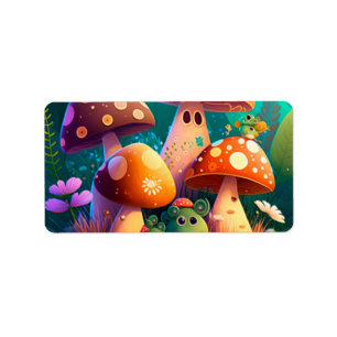 Cute mushrooms and flowers bugs green label