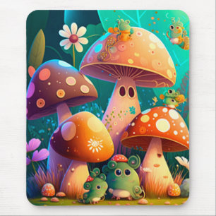 Cute mushrooms and flowers bugs green mouse mat