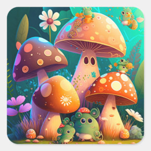 Cute mushrooms and flowers bugs green Paper Sheet Square Sticker