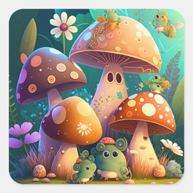 Cute mushrooms and flowers bugs green Paper Sheet Square Sticker (Front)