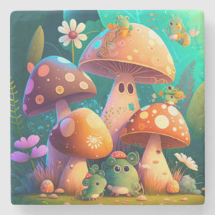 Cute mushrooms and flowers bugs green      stone coaster