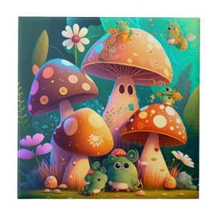 Cute mushrooms and flowers bugs green tile