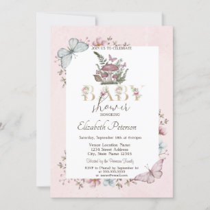 Cute  Mushrooms Butterflies Pink Baby Shower Invitation