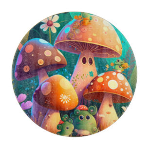 Cute mushrooms in the forest cutting board