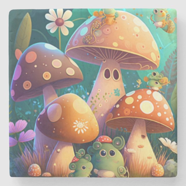 Cute mushrooms in the forest  stone coaster (Front)