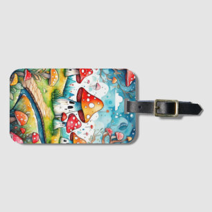 Cute mushrooms leaves cottage core design luggage tag