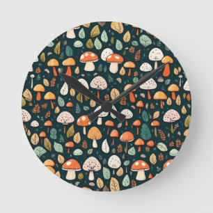 Cute mushrooms leaves cottage core design round clock