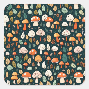 Cute mushrooms leaves cottage core design square sticker