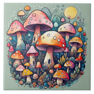 Cute mushrooms leaves cottage core design tile